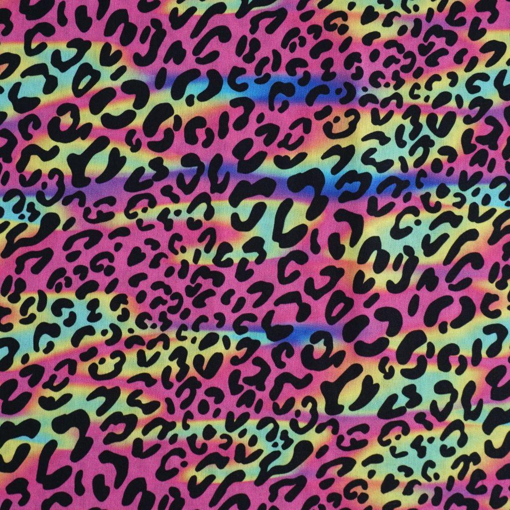 Preview: Baumwollstoff Motivdruck Leo pink grün gelb 80er Look